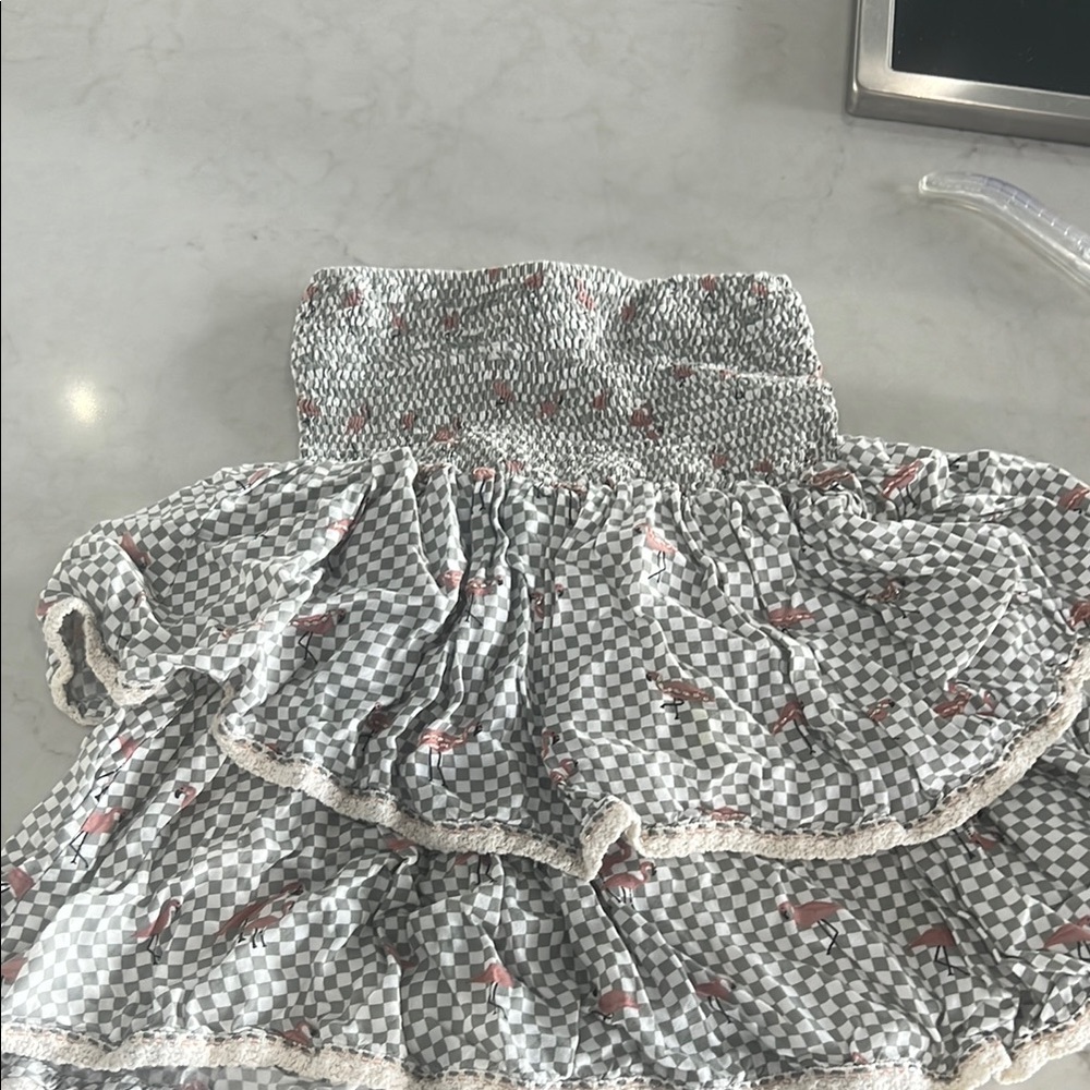 Smocked Checkered Skirt with Floral Accents